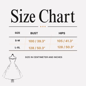 Size chart table with bust and hips measurements in centimeters and inches for sizes S-M and L-XL next to a dress icon.