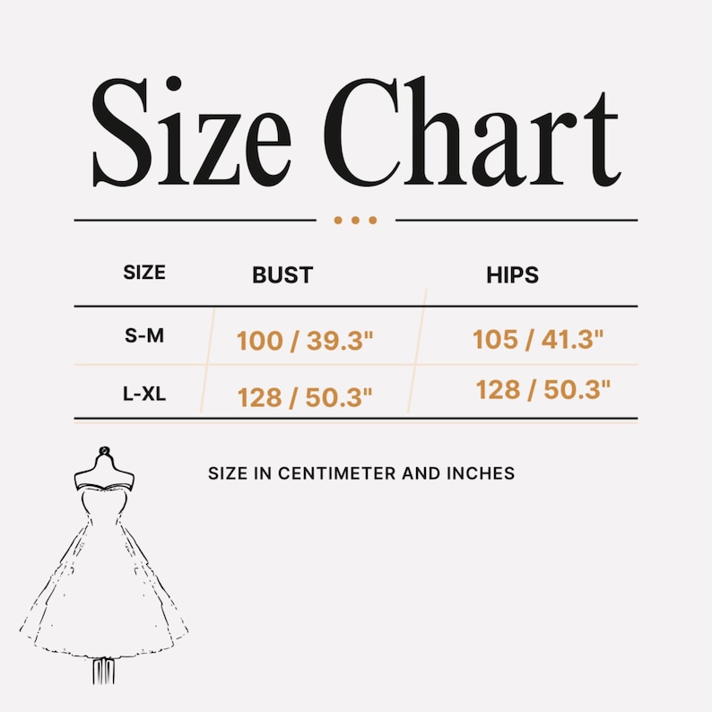 Size chart table with bust and hips measurements in centimeters and inches for sizes S-M and L-XL next to a dress icon.