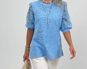 Light Blue Guipure Lace Blouse, Puff Sleeve Cotton Tunic Top, Elegant Women Gift