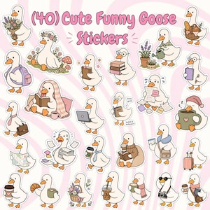 May include: A collection of 40 die-cut stickers featuring white geese in various activities, including reading, travelling, and gardening. The text (40) Cute Funny Goose Stickers is displayed in pink at the top against a light pink swirl background.