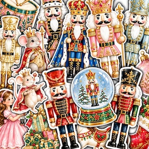 May include: A collection of Christmas-themed stickers featuring multiple nutcracker figures in various uniforms, mice wearing crowns and royal capes, a snow globe with a nutcracker inside, wrapped gift boxes, and a child in a pink dress.