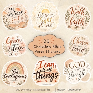 Könnte beinhalten: Eine Sammlung von 20 Aufklebern mit christlichen Bibelversen, die verschiedene kalligrafische Phrasen wie He restores my soul, Let your light shine, Walk by faith, Grace upon grace, Chosen and loved, Be courageous, I can do all things und God is my strength enthalten.