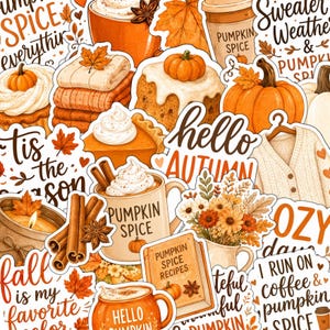 May include: A collection of autumn-themed stickers featuring pumpkins, mugs of pumpkin spice coffee with whipped cream, cinnamon sticks, a stack of folded sweaters, a pumpkin spice recipe book, a cardigan, and text including hello AUTUMN.