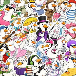 Pode incluir: Uma coleção de adesivos com patos brancos em vários trajes e atividades, incluindo um mágico com cartola, um chef, um patinador, um astronauta, um pirata, um músico com violão e um pato lendo um livro.