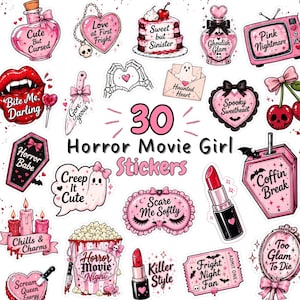 May include: A collection of 30 pink and black horror-themed stickers featuring various illustrations including a coffin, a ghost, a lipstick, a television, and a heart, each with unique text such as Cute But Cursed, Horror Babe, and Coffin Break.