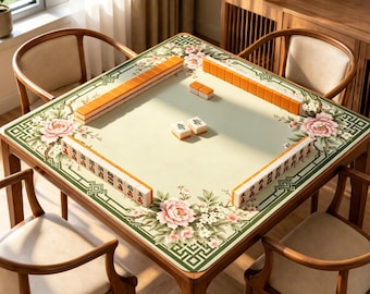 Sage Peony Mahjong Mat, Chinoiserie Floral Game Mat, Non Slip Table Mat Gift