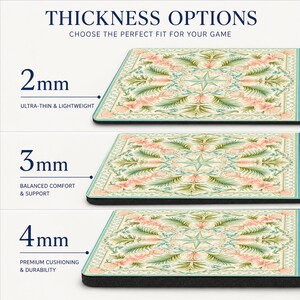 May include: A graphic display showing three thickness options for a square mat with a floral pattern. The text reads THICKNESS OPTIONS, 2mm ULTRA-THIN & LIGHTWEIGHT, 3mm BALANCED COMFORT & SUPPORT, and 4mm PREMIUM CUSHIONING & DURABILITY.