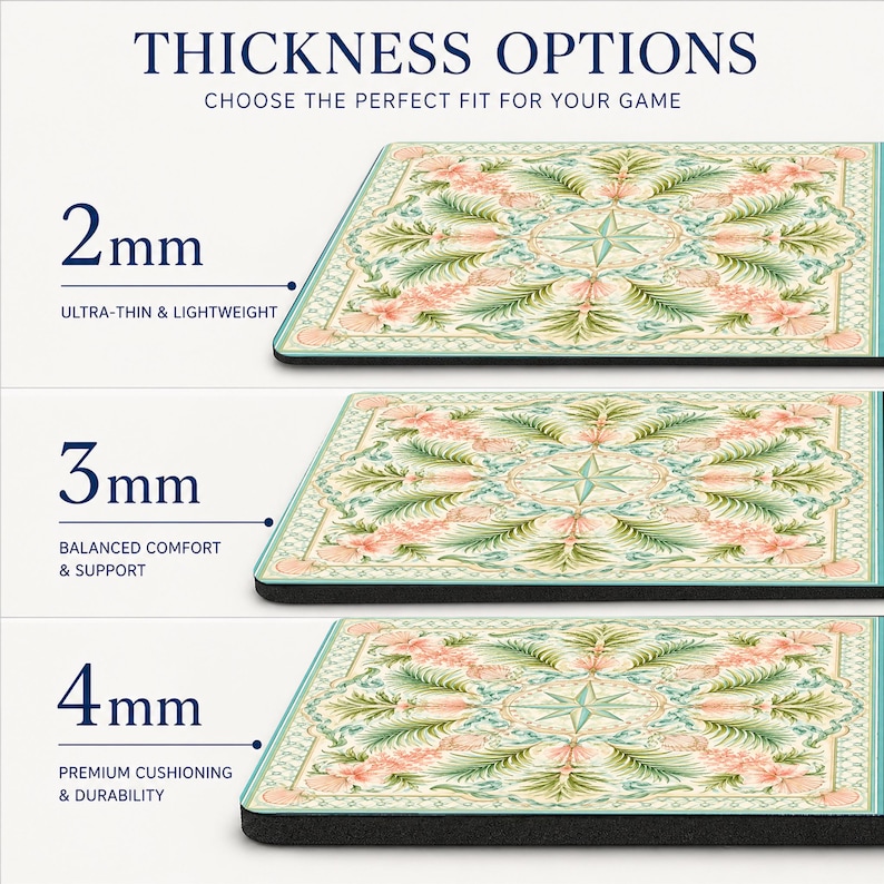 May include: A graphic display showing three thickness options for a square mat with a floral pattern. The text reads THICKNESS OPTIONS, 2mm ULTRA-THIN & LIGHTWEIGHT, 3mm BALANCED COMFORT & SUPPORT, and 4mm PREMIUM CUSHIONING & DURABILITY.