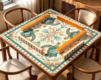 Sea Turtle Mahjong Mat, Coastal Coral Game Table Cover, Non Slip Jacquard Board Game Mat, Ocean Beach Mahjong Gift