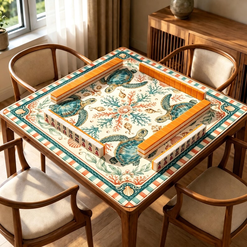 Puede incluir: Una mesa de mahjong cuadrada con un tapete de color crema que presenta un patr&oacute;n de tortugas marinas, corales y conchas. La mesa est&aacute; rodeada por cuatro sillas de madera con cojines beige e incluye fichas de mahjong naranjas y blancas.