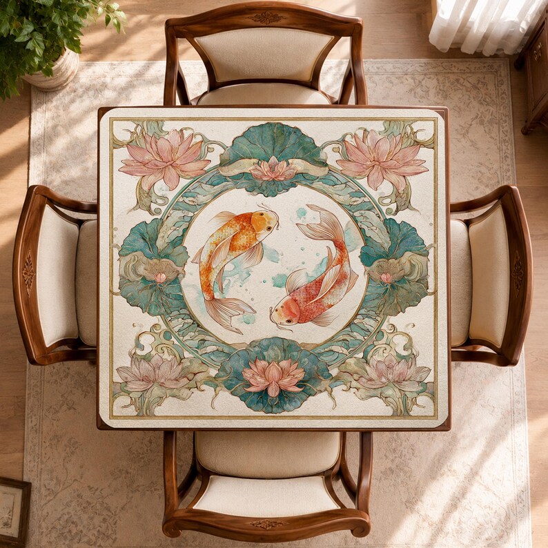 May include: A square table featuring a decorative top with a central circular motif of two orange and white koi fish swimming in a circle. The design includes light pink lotus flowers and teal lily pads arranged in a symmetrical border pattern.