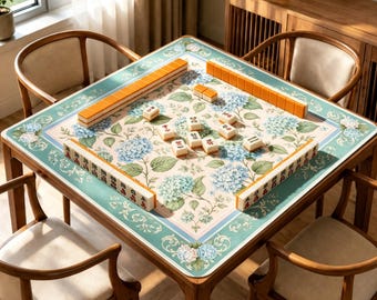 Blue Hydrangea Mahjong Mat, Vintage Floral Game Mat, Sage Green Botanical Mahjong Table Mat, Grandmillennial Cottagecore Gift