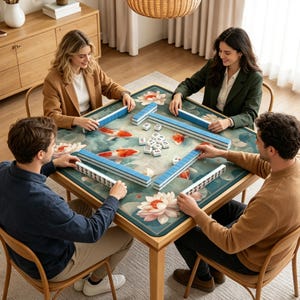 Peut inclure: Une table de jeu carr&eacute;e en bois avec une surface imprim&eacute;e repr&eacute;sentant des poissons ko&iuml; et des fleurs de lotus. Quatre personnes sont assises autour de la table, dispos&eacute;e avec des rang&eacute;es de tuiles de mah-jong bleues et blanches.