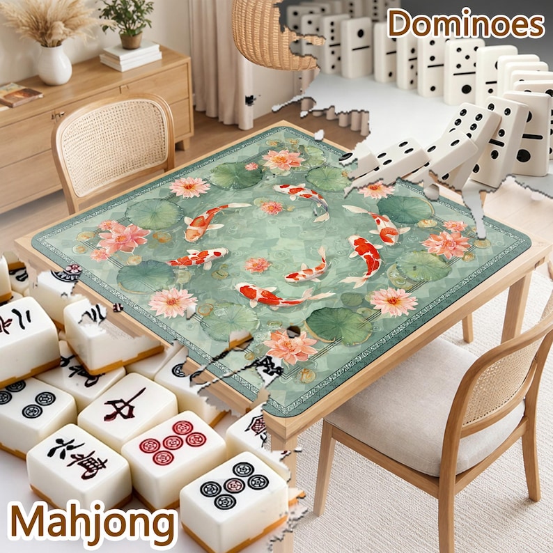 Pu&ograve; includere: Un tavolo di legno con un tappeto verde con carpe koi e fiori di loto. I domino sono disposti sul tavolo, con tessere di Mahjong in primo piano. La parola "Dominoes" &egrave; visibile.