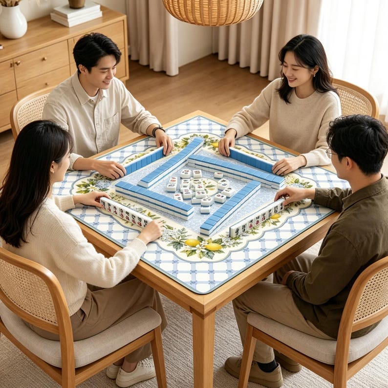Puede incluir: Una mesa de mahjong cuadrada con un tapete de cuadros azul claro y blanco con un borde floral y de limones. La mesa est&aacute; dispuesta con fichas de mahjong azules en un per&iacute;metro cuadrado y un grupo central de fichas blancas con marcas.