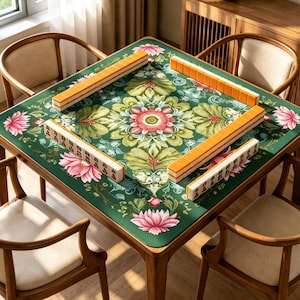 May include: A square wooden table featuring a green mat with a central pink and white floral pattern and lotus motifs. Four rows of orange and white mahjong tiles are arranged in a square formation on the mat, surrounded by four wooden chairs.