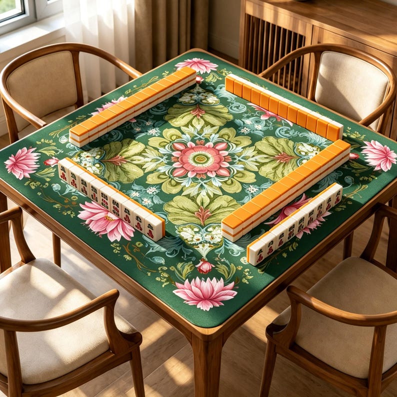 May include: A square wooden table featuring a green mat with a central pink and white floral pattern and lotus motifs. Four rows of orange and white mahjong tiles are arranged in a square formation on the mat, surrounded by four wooden chairs.