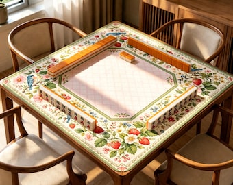 Strawberry Floral Mahjong Mat, Cottagecore Bluebird Game Mat, Botanical Mah Jongg Table Mat, Garden-Inspired Gift for Mahjong Lovers