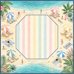 May include: A square decorative print featuring a central octagonal frame with vertical pastel stripes in pink, yellow, blue, and green. The border displays a watercolor beach scene with people, umbrellas, lounge chairs, palm trees, and ocean waves.