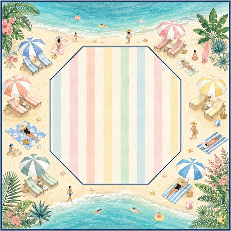 May include: A square decorative print featuring a central octagonal frame with vertical pastel stripes in pink, yellow, blue, and green. The border displays a watercolor beach scene with people, umbrellas, lounge chairs, palm trees, and ocean waves.
