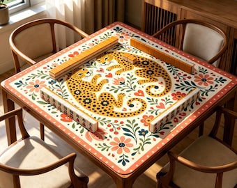 Folk Art Leopard Mahjong Mat, Boho Floral Game Mat, Non Slip Jacquard Mahjong Table Mat, Cottagecore Mahjong Gift
