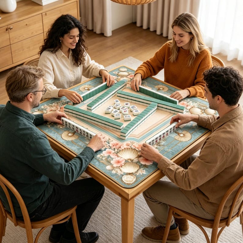 May include: A square wooden game table with a decorative mat featuring a blue and floral shell pattern. Four people are seated around the table playing a game with white rectangular tiles arranged in rows and a central cluster of tiles.