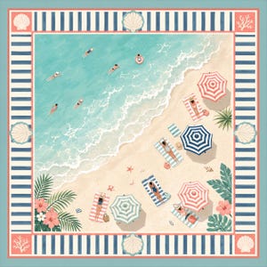 May include: A square scarf featuring an aerial view of a beach with turquoise water, white sand, and people swimming or lounging on striped towels under colorful umbrellas. The border has blue and white stripes with coral and seashell motifs.