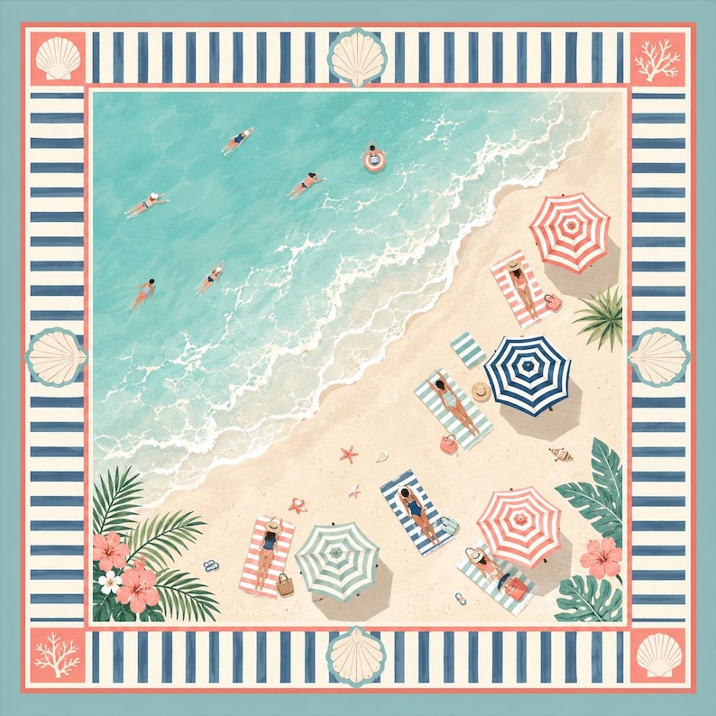 May include: A square scarf featuring an aerial view of a beach with turquoise water, white sand, and people swimming or lounging on striped towels under colorful umbrellas. The border has blue and white stripes with coral and seashell motifs.