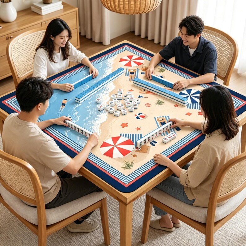 May include: A square mahjong table mat featuring a beach-themed print with blue ocean waves, sandy shores, red and white striped umbrellas, and scattered starfish. The mat has a dark blue border and is covered with white mahjong tiles in play.