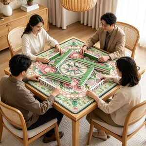 May include: A square wooden table with four people playing a game of mahjong. The table is covered with a decorative mat featuring a large pink floral pattern and green borders. The mahjong tiles are arranged in rows and a central cluster.