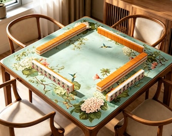 Hydrangea Mahjong Mat, Hummingbird Floral Game Table Cover, Non Slip Jacquard Mahjong Mat, Botanical Garden Board Game Gift