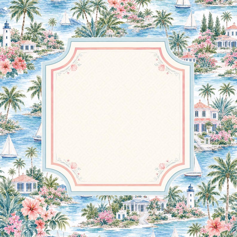 May include: A rectangular frame with scalloped corners featuring a light blue and pink border, centered over a repeating pattern of coastal scenery including palm trees, white lighthouses, sailboats, and pink flowers on a light blue water background.