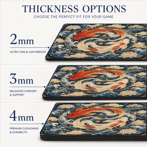 May include: A rectangular mouse pad featuring a circular design of two koi fish in red and white swimming amidst blue waves and gold clouds. The image displays three thickness options: 2mm, 3mm, and 4mm, labeled with text including THICKNESS OPTIONS.