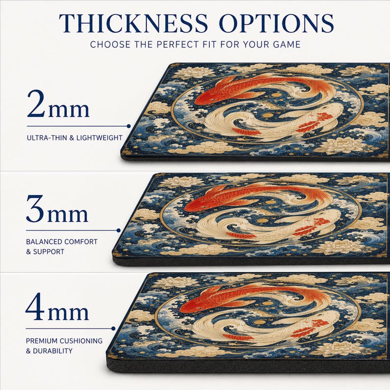 May include: A rectangular mouse pad featuring a circular design of two koi fish in red and white swimming amidst blue waves and gold clouds. The image displays three thickness options: 2mm, 3mm, and 4mm, labeled with text including THICKNESS OPTIONS.