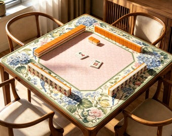 Blaue Hortensien Mahjong Matte, Chinoiserie Blumenvogel Spiel Matte, rutschfeste Jacquard Mahjong Tischmatte, Geschenk Grandmillennial