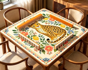 Leopard Floral Mahjong Mat, Citrus Garden Game Table Cover, Non Slip Jacquard Board Game Mat, Colorful Animal Mahjong Gift
