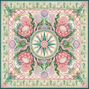 Coastal Compass Mahjong Mat, Seashell Lighthouse Mahjong Table Mat, Non Slip Jacquard Game Mat, Nautical Floral Mahjong Gift image 9