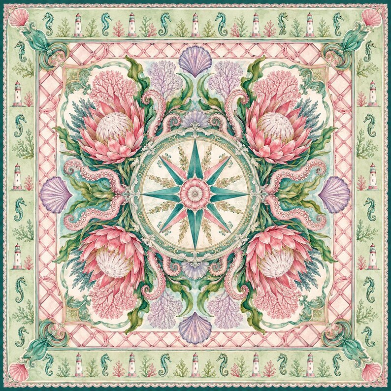 Coastal Compass Mahjong Mat, Seashell Lighthouse Mahjong Table Mat, Non Slip Jacquard Game Mat, Nautical Floral Mahjong Gift image 9