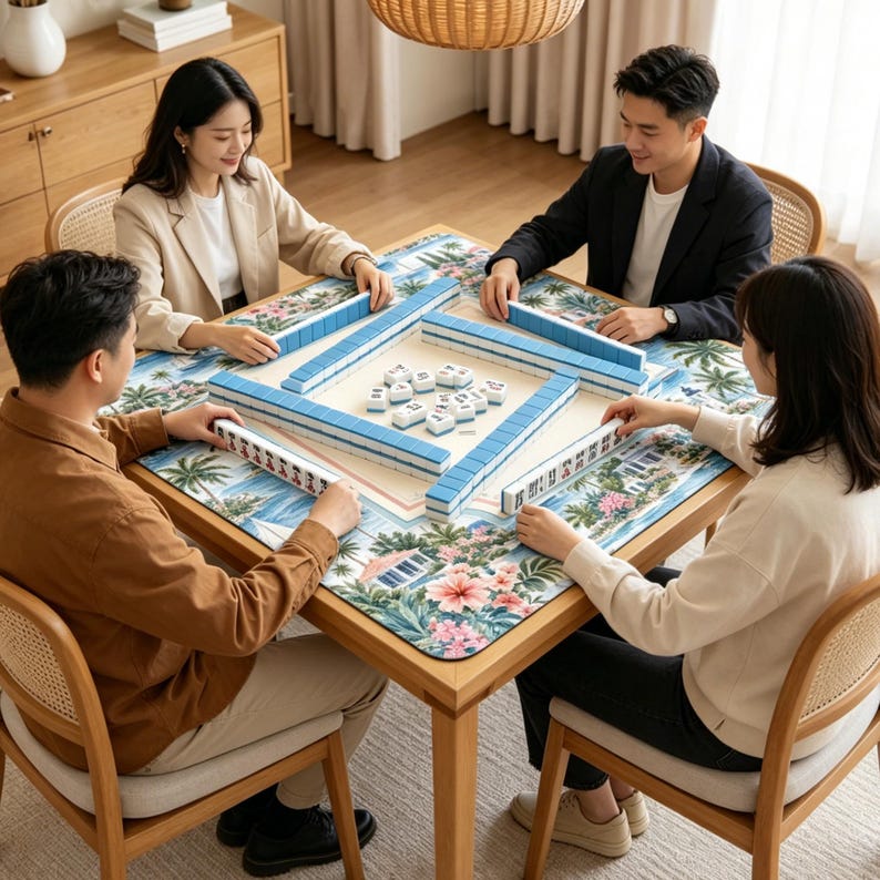 May include: A square wooden table with a tropical floral patterned mat featuring palm trees and hibiscus flowers. Four people are seated around the table playing a game with white and blue mahjong tiles arranged in rows and a central cluster.