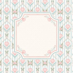 May include: A rectangular frame with a light cream centre, bordered by a soft pink and blue line. The background features a repeating pattern of vertical light blue stripes, pink seashells, and green foliage arranged in a symmetrical grid.