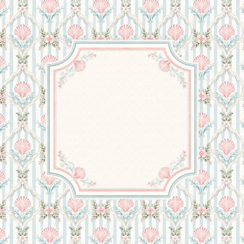 May include: A rectangular frame with a light cream centre, bordered by a soft pink and blue line. The background features a repeating pattern of vertical light blue stripes, pink seashells, and green foliage arranged in a symmetrical grid.