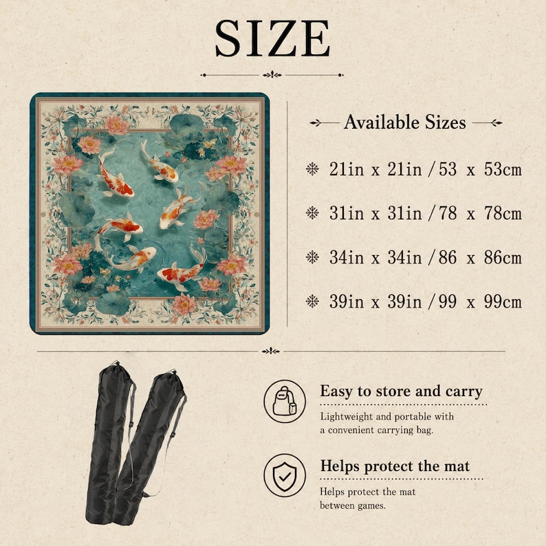 May include: Square mat featuring a koi fish design in blue, green, and orange. Available sizes: 53 x 53cm, 78 x 78cm, 86 x 86cm, and 99 x 99cm. Comes with a carrying bag for easy storage and portability.