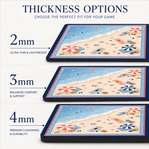 May include: A graphic showing three rectangular desk mats with a beach scene featuring blue water, sand, and umbrellas. Text labels indicate thickness options of 2mm, 3mm, and 4mm, with descriptions including ultra-thin, balanced, and premium cushioning.