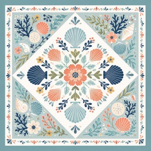 May include: A square textile print featuring a central diamond motif with a coral flower, surrounded by symmetrical illustrations of blue and peach seashells, green foliage, and small yellow flowers on a light blue background with a border.