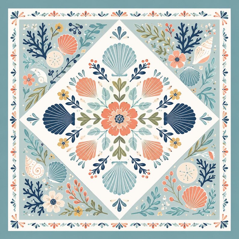 May include: A square textile print featuring a central diamond motif with a coral flower, surrounded by symmetrical illustrations of blue and peach seashells, green foliage, and small yellow flowers on a light blue background with a border.