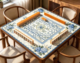Blue Chinoiserie Bamboo Mahjong Mat, Hydrangea Floral Game Mat, Non Slip Jacquard Table Mat, Grandmillennial Gift