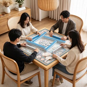 May include: A square wooden table featuring a game mat with a seashell pattern, set with blue and white mahjong tiles arranged in a square formation. Four individuals are seated around the table, actively engaged in playing the board game.