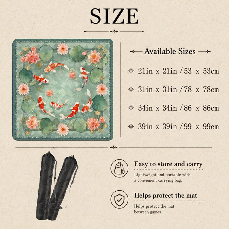 Pu&ograve; includere: Tappeto quadrato con un design di carpe koi e fiori di loto, disponibile in varie dimensioni, tra cui 53 x 53 cm, 78 x 78 cm, 86 x 86 cm e 99 x 99 cm. Include una borsa per il trasporto per riporlo e trasportarlo facilmente.