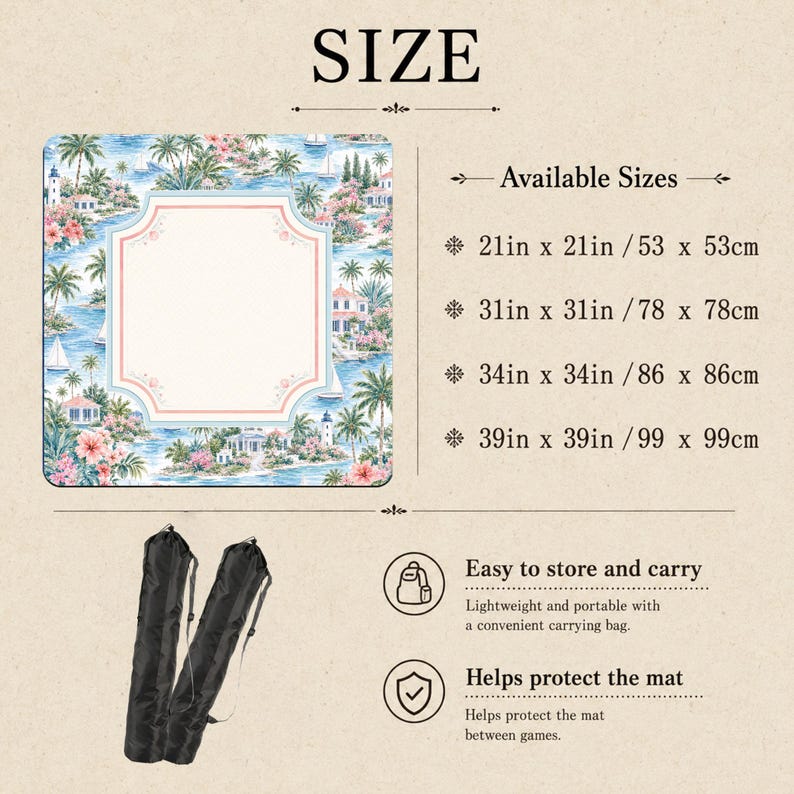 May include: A square mat featuring a coastal landscape with palm trees, sailboats, and houses, surrounding a central blank frame. Text lists sizes: 21in x 21in, 31in x 31in, 34in x 34in, and 39in x 39in. Includes two black carrying bags for storage.