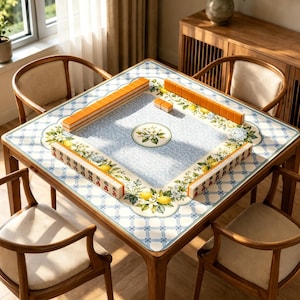 Puede incluir: Una mesa de mahjong cuadrada con un borde de patr&oacute;n de celos&iacute;a en azul claro y blanco, decorada con motivos de limones y flores. El centro tiene una superficie texturizada azul claro con un medall&oacute;n floral. Fichas de mahjong en los bordes.